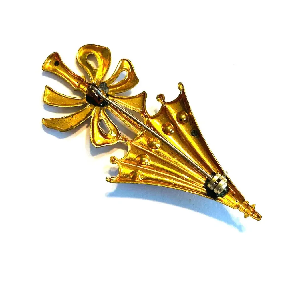 Vintage Mid Century Brooch Charming Dimensional Gold Umbrella & Pink Rhinestones